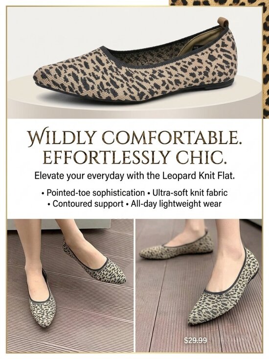 Shoes - Animal Print Pointed Toe Knit Texture Ballet Flats NEW!! 🐆 Size 8